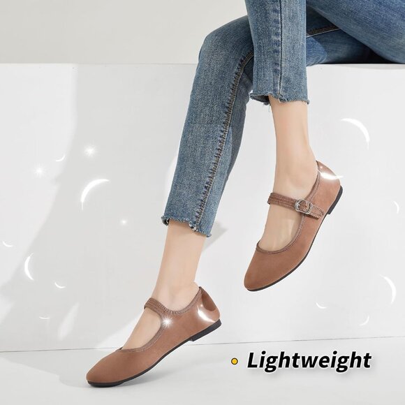 Babudog Womens Brown Faux Suede Rounded Toe Ankle Strap With Buckle Flats - Picture 5 of 9